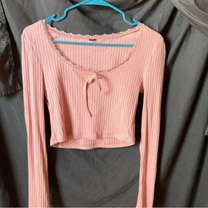 SHEIN EZwear Lace Trim Bow Front Rib-knit Top